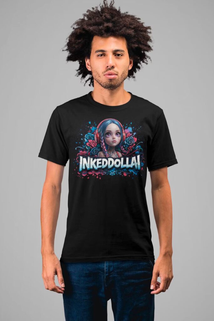 Inkeddollai inked doll art printed on black t-shirt worn by a model