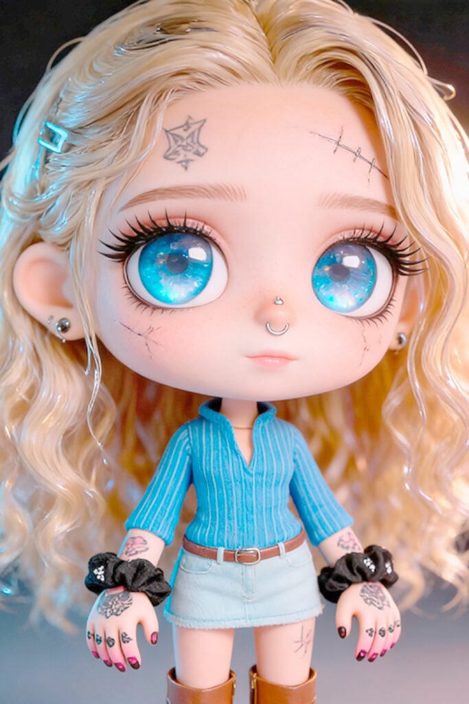 digital art inked doll with tattoos and blue eyes