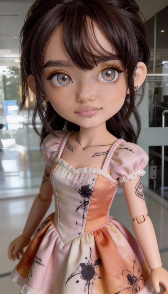 Gosht Poppy inked doll with big expressive eyes and subtle tattoos, wearing a soft pastel dress, porcelain skin and fragile aesthetic, dark dreamy background, Inkeddollai digital art.