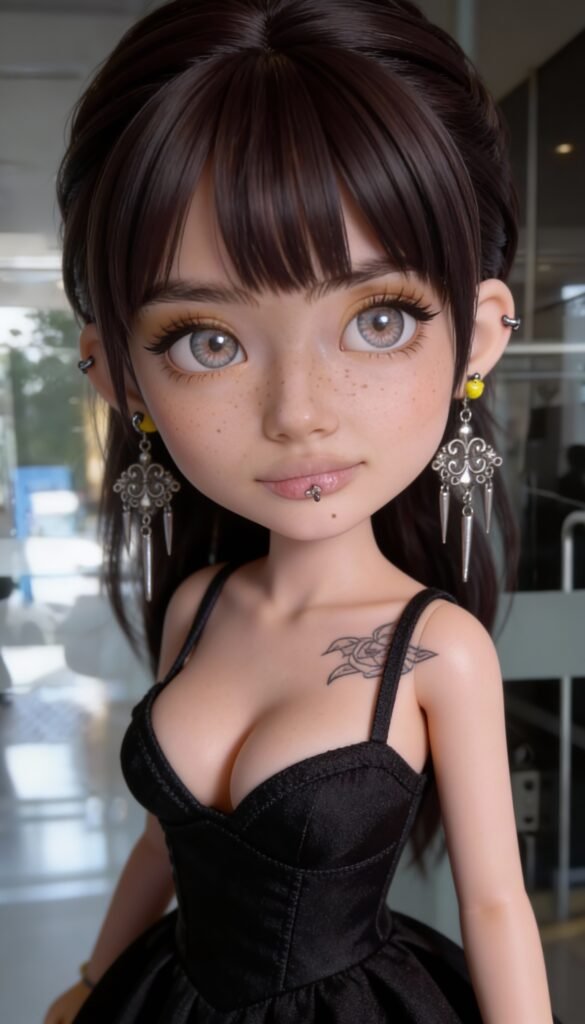 Gosht Poppy alternative inked doll with porcelain skin, large eyes and subtle tattoos, dressed in a black elegant outfit, quiet haunting mood, dark artistic background, Inkeddollai universe.