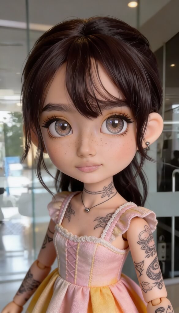 Gosht Poppy inked doll with big expressive eyes and fine tattoos, wearing a soft pastel dress, porcelain skin and fragile feminine aesthetic, dreamy dark background, Inkeddollai digital art.