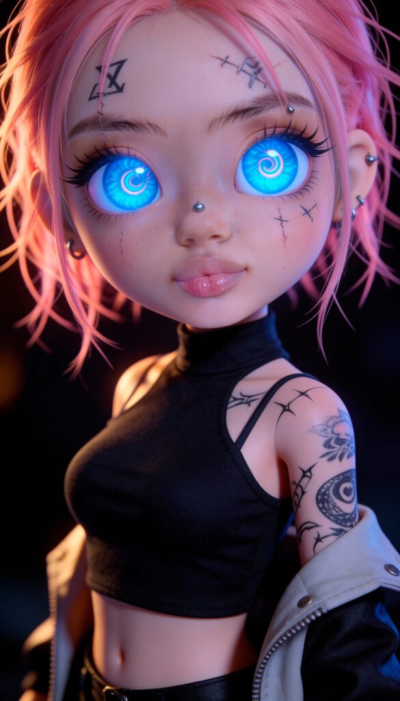 Luna Riot inked doll character with blue glowing eyes wearing a black top