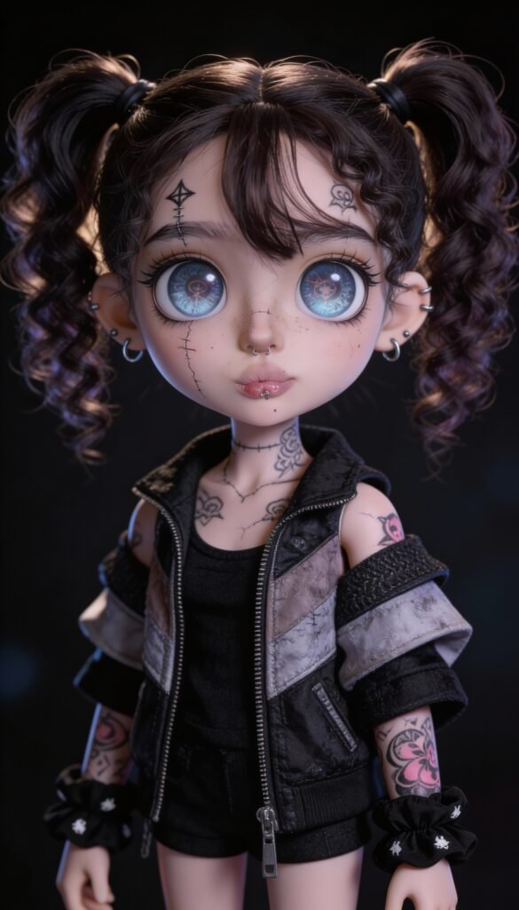 Inked doll character with big blue eyes, porcelain skin and tattoos, wearing a black outfit with an oversized jacket, standing in a dark cinematic setting, digital art illustration.