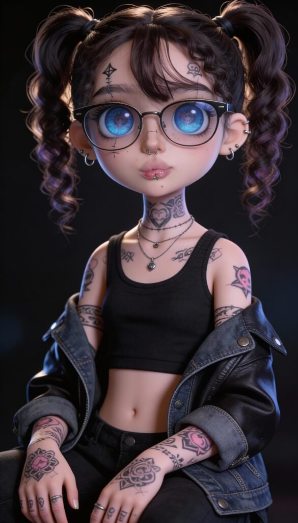 Inked doll with curly hair, round glasses and visible tattoos, wearing a black crop top and jacket, fashion-inspired digital doll illustration with a dark aesthetic.