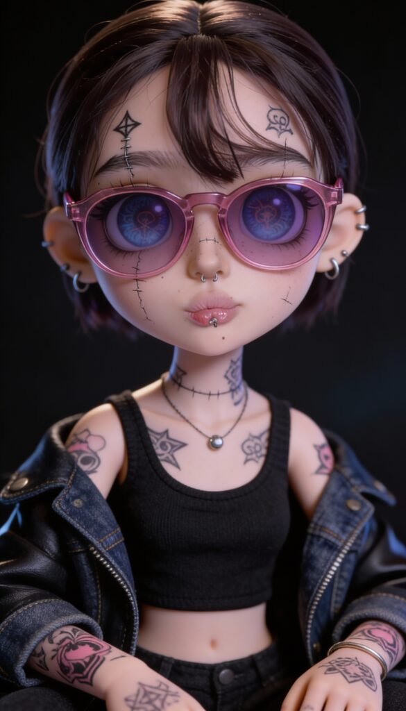 Stylized inked doll illustration with big expressive eyes, tattooed skin and alternative fashion style, porcelain doll look, dark artistic background.