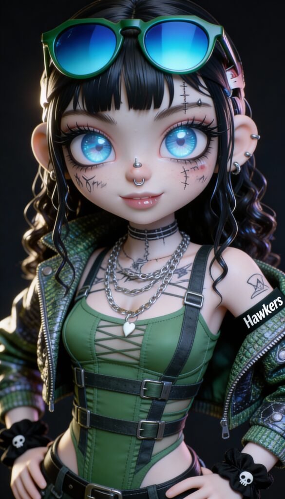 Scarlet Echo inked doll wearing a green corset-style top with straps and layered necklaces, big blue eyes, tattoos and alternative fashion aesthetic, Inkeddollai digital illustration.