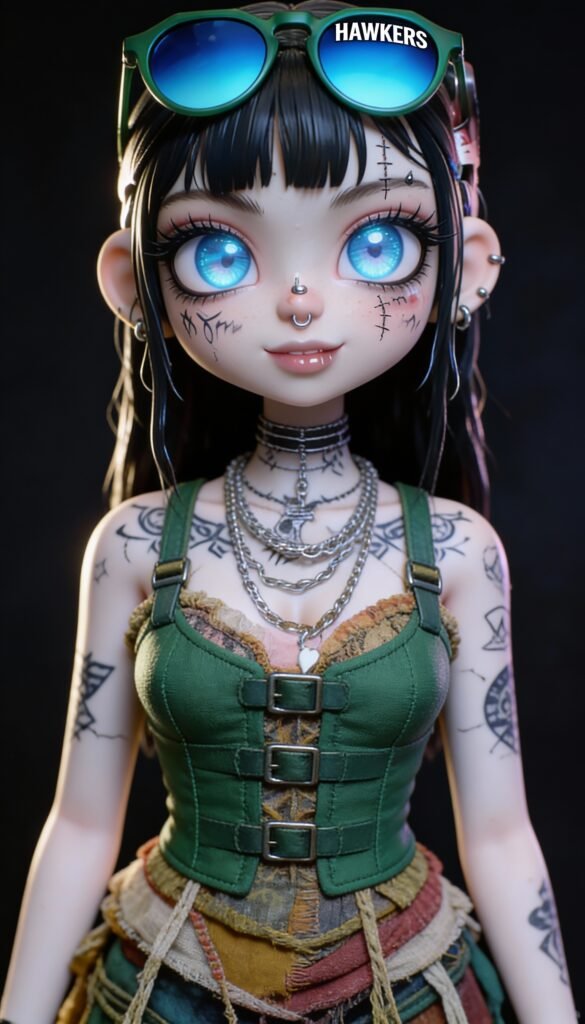 Scarlet Echo alternative inked doll with porcelain skin, blue eyes and visible tattoos, green harness-style outfit, dark artistic background, Inkeddollai universe character.
