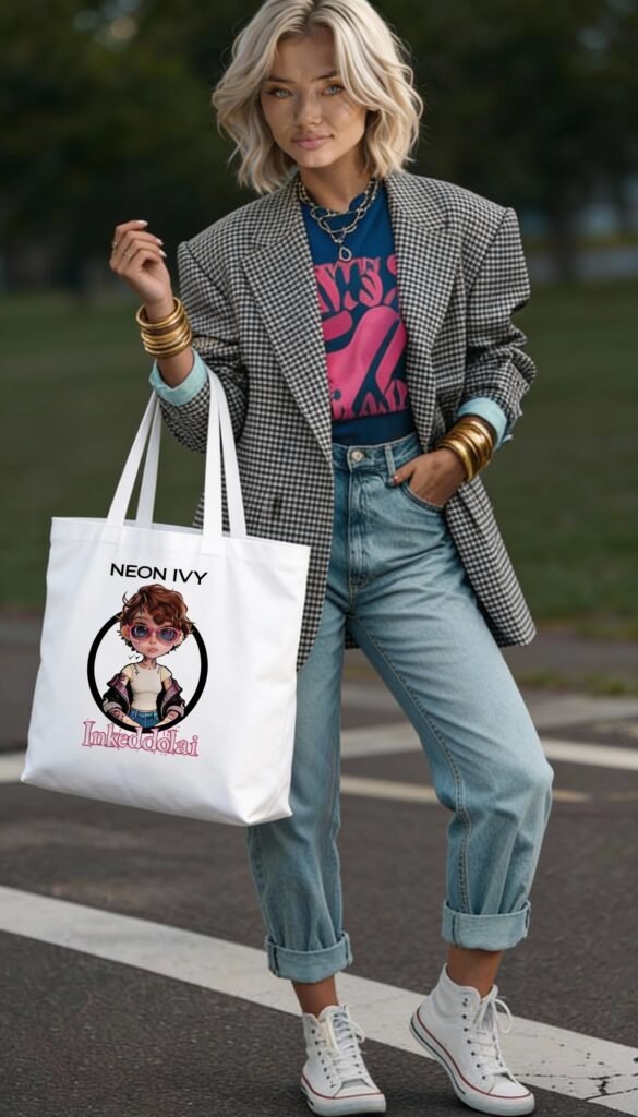 Woman holding a white cotton tote bag featuring the Neon Ivy inked doll illustration, alternative digital art design, stylish casual outfit, reusable canvas bag, Inkeddollai brand.