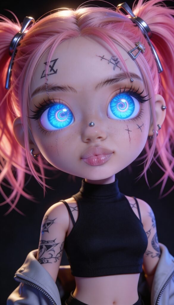 Luna Riot inked doll half body portrait wearing a black top
